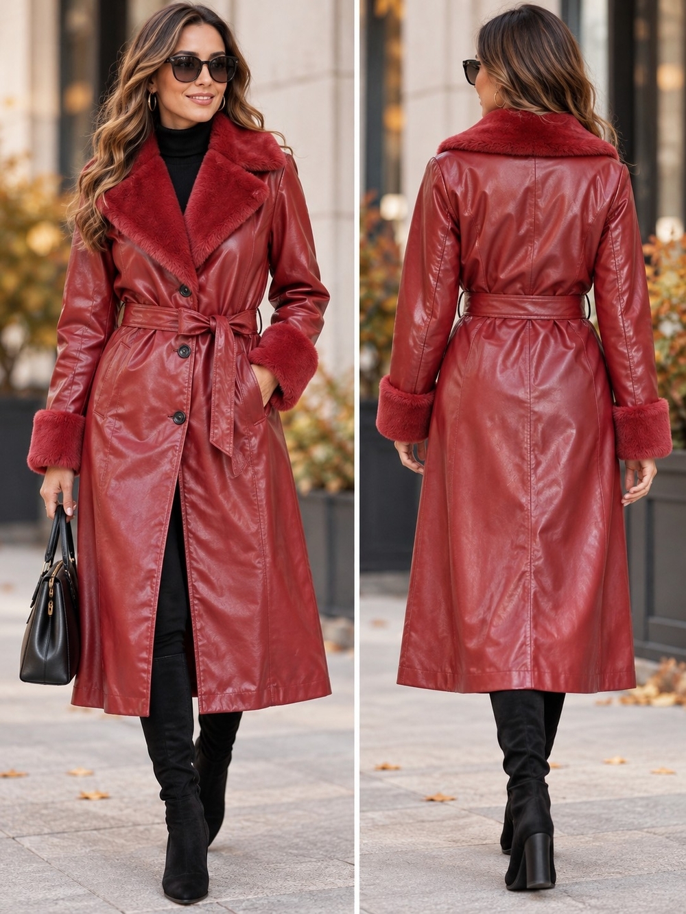 A188. SHEIN Faux Leather Trench Coat Red Large Like New